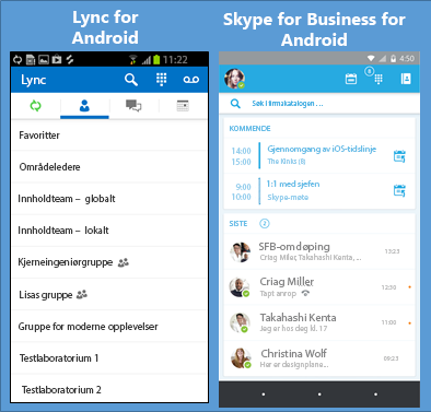 Sammenligning av Lync og Skype for Business