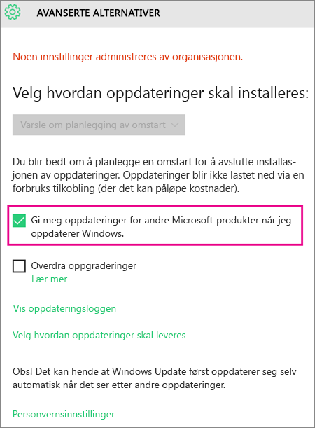 Windows Update Avanserte alternativer