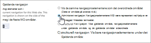 Gjeldende navigasjons del med administrert navigasjon valgt