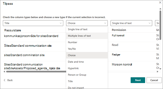 Skjermbilde av Tilpass-skjermen. Øverst i hver kolonne finner du en rullegardinmeny med de ulike kolonnetypene som er tilgjengelige for hver kolonne. Nederst til høyre finner du Neste- og Avbryt-knappene.