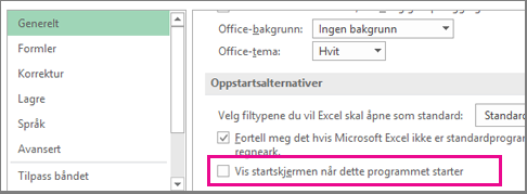 Excel-alternativ for å slå av startskjermen når du åpner Excel