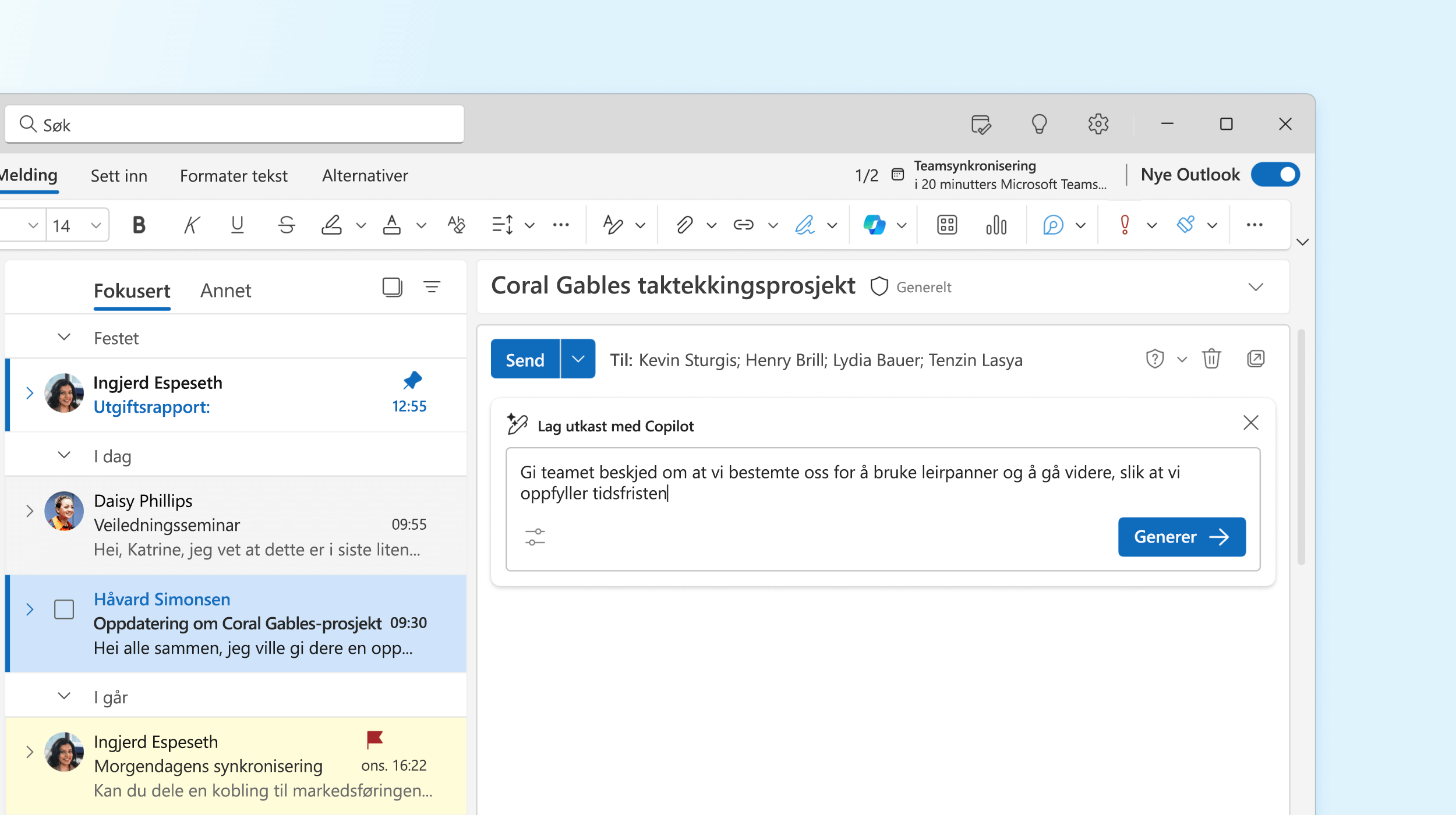 Skjermbilde som viser Copilot som lager et utkast til en e-postmelding i Outlook.