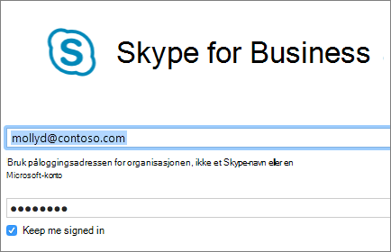 Skjermbilde av påloggingsskjermen for Skype for Business.