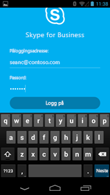 bilde av påloggings skjermen for Skype for Business på en Android-telefon