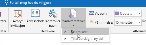 Et skjermbilde av knappen Be om svar i Outlook 2016 for Windows
