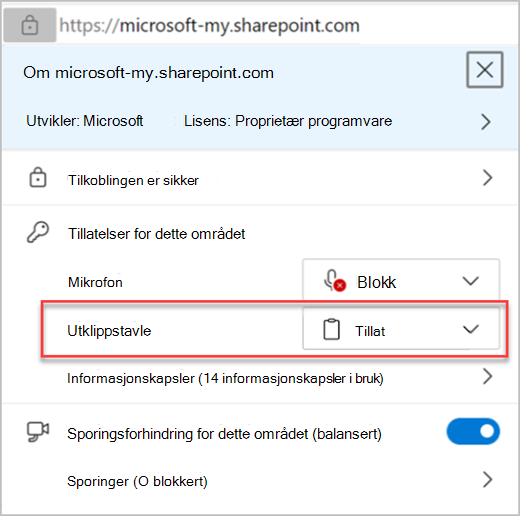 Access-Innstillinger for Microsoft Edge-utklippstavle