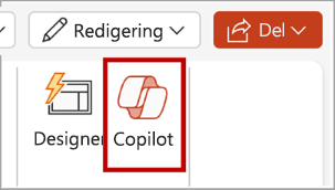 Screenshot of the Copilot button in the PowerPoint ribbon menu