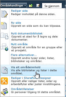 Vise alt nettstedsinnhold på Nettstedshandlinger-menyen