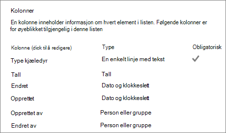 Listekolonneinndeling i liste Innstillinger