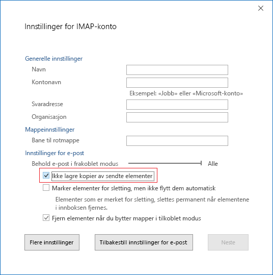 Innstillinger for IMAP-konto, ikke lagre kopier av sendte elementer
