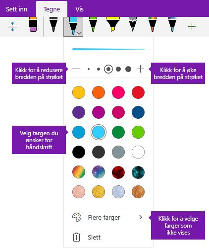 All håndskrift valg på strek bredde og farge i OneNote for Windows 10