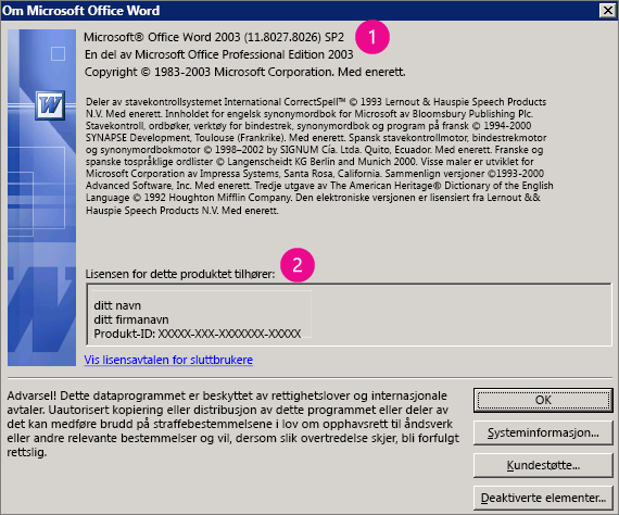 Vinduet Om Microsoft Office Word 2003