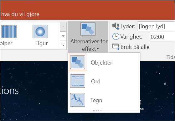 Viser alternativer for transformasjonseffekt for transformasjonsovergangen i PowerPoint 2016