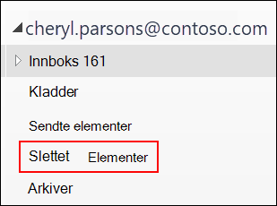 Mappelisten i Outlook som inneholder Mappen Slettede elementer.