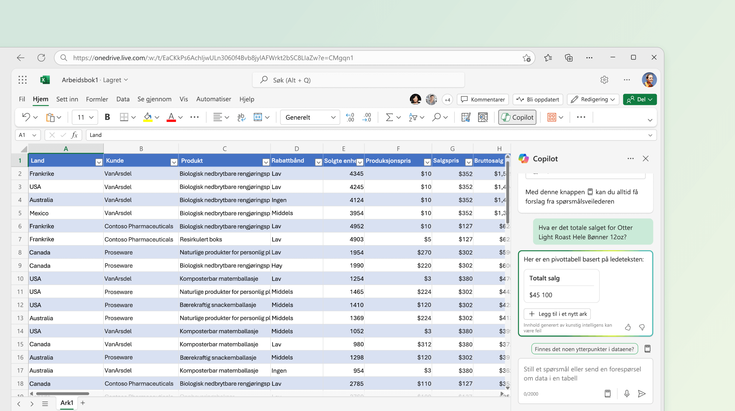 Skjermbilde som viser Copilot i Excel som foreslår en pivottabell basert på eksisterende data.