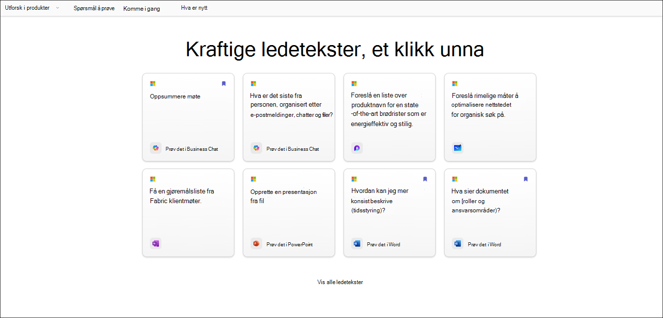 Spørsmål inndeling på Copilot-spørsmålsgalleri side som viser eksempelmeldinger.