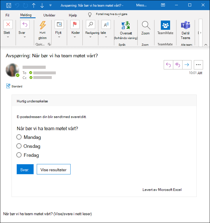 Microsoft Forms avspørring i en Outlook-e-postmelding