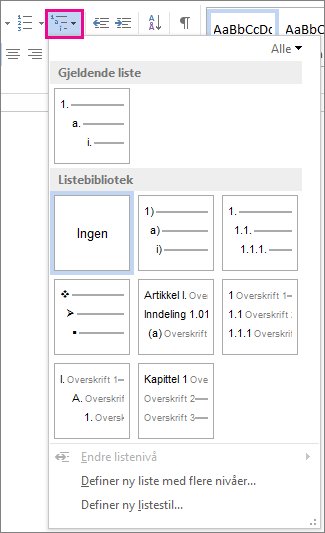 Stiler for lister med flere nivåer i Word 2010