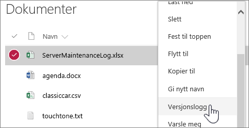 Høyreklikkmeny for dokumentbibliotek med versjonslogg uthevet