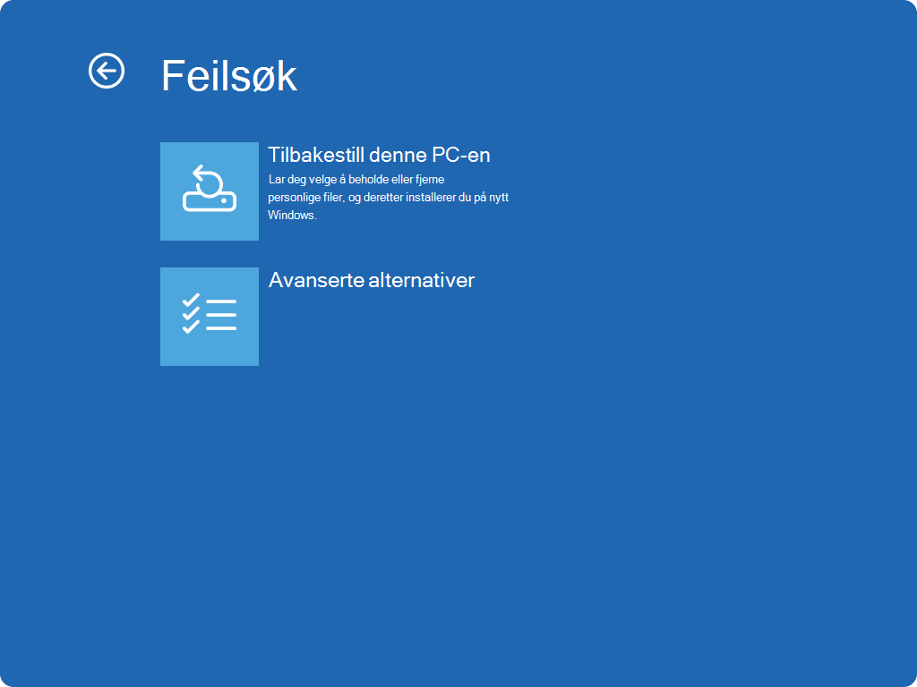 Skjermbilde av Windows RE – feilsøkingsskjerm.