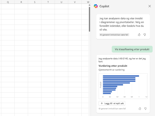 Skjermbilde av hvordan Copilot kan presentere analyserte data i diagrammer, grafer og tabeller.