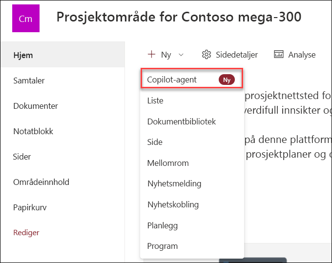 Skjermbilde av oppretting av ny Copilot-agent fra nettstedets hjemmeside