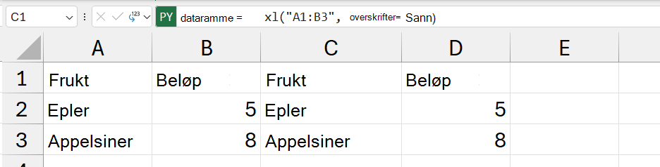 DataFrame-innholdet som returneres som Excel-verdier.