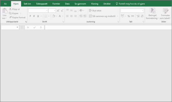 Tomt Excel-vindu med knapper som ikke er tilgjengelige. Ingen arbeidsbok er åpen.