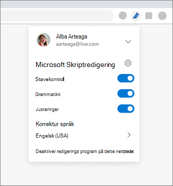 Microsoft-redaktør-utvidelsen som viser rullegardinlisten fra nettleseren med innstillinger for å slå alternativer på og av