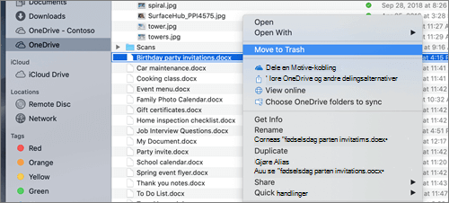 Høyreklikk menyvalg for å slette en fil fra OneDrive i Mac Finder