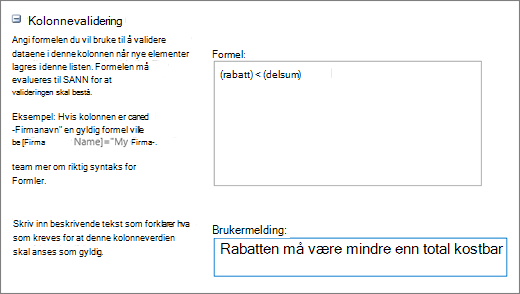 Dialogboks for kolonnevalidering med felt fylt ut med eksempeldata