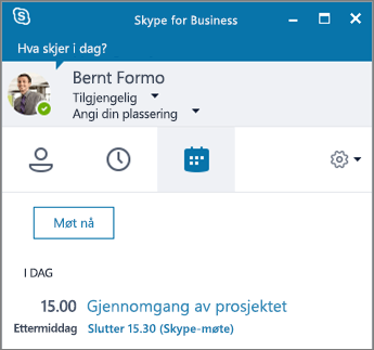 Skjermbilde av Møter-fanen i Skype for Business-vinduet.