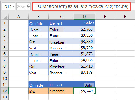 Exampe av å bruke SUMMERPRODUKT til å returnere summen av elementer etter område. I dette tilfellet antall kirsebær som er solgt i det østlige området.