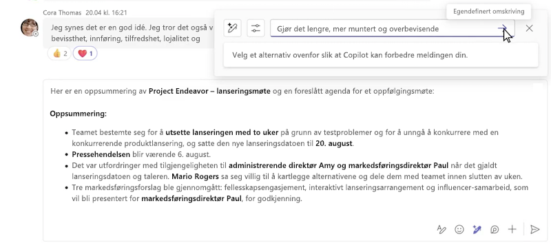 Egendefinert omskriving av en melding ved hjelp av Copilot i Microsoft Teams-chat.