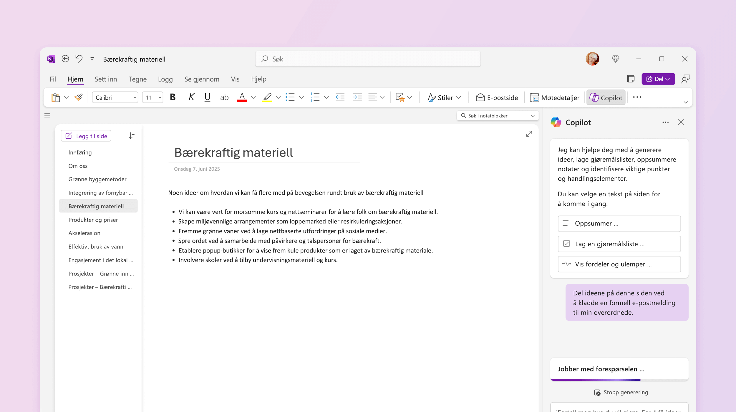 Skjermbilde som viser Copilot i OneNote som lager utkast til en plan.