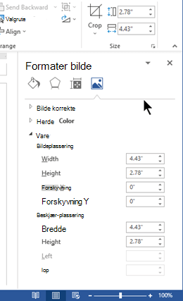 Formater bilde-ruten, forankret på høyre side av vinduet i Word