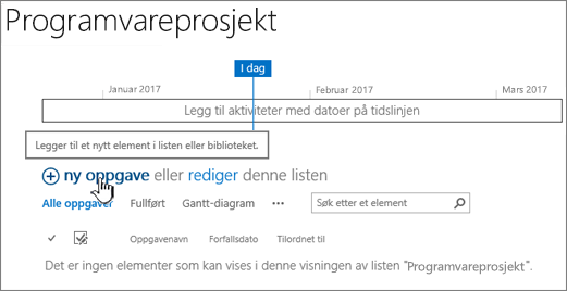 Oppgavetidslinje, klikk Ny + for å legge til oppgaver