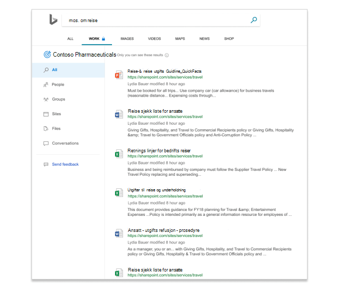 Søkeresultater i Microsoft Søk i Bing viser filer i et firma.