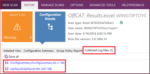 OffCAT - Report pane - Collected Log Files tab