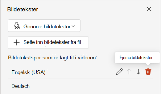 Fjern bildetekst-knappen for et bildetekstspor i Bildetekster-ruten.