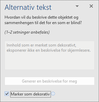 Alternativ tekst-ruten med alternativet Merk som dekorativ valgt i Word for Windows.