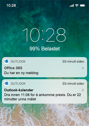 Et bilde som viser låseskjermen på en iPhone med Outlook-varslinger som ikke viser noe detaljert informasjon, bortsett fra at du har fått en ny melding.