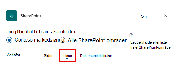 Velg Lister for å legge til lister i Teams-kanalen.