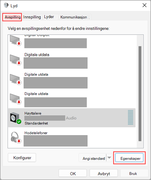 Finn egenskaper for lydutgangsenheter i lydinnstillingene for Windows 11.