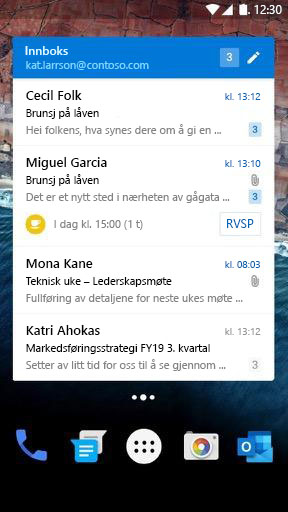 Miniprogrammet e-post for Android i bred modus