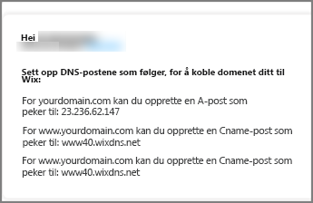 Bruk disse DNS-postinnstillingene i Wix.com