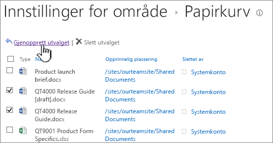 SharePoint 2013-papirkurv på andre nivå med gjenopprettingsknappen uthevet