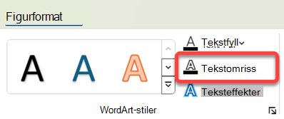 Hvis du vil endre kantlinjen på WordArt-grafikken, merker du den og velger Tekstomriss på Figurformat-fanen.