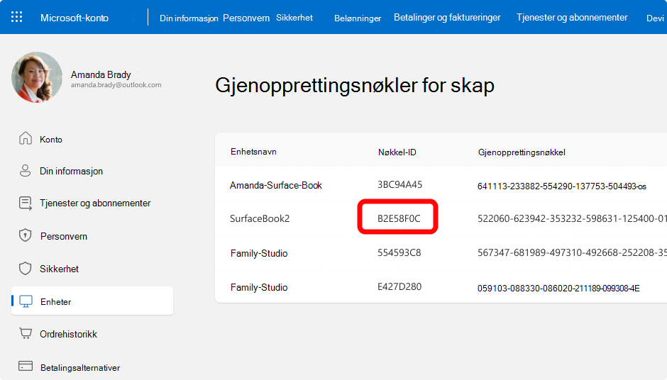 Skjermbilde av BitLocker-gjenopprettingsnøklene for en Microsoft-konto.