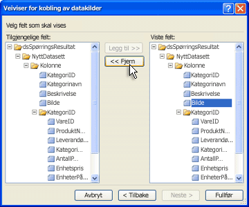 Side i Veiviser for kobling av datakilder som viser tilgjengelige og viste felt